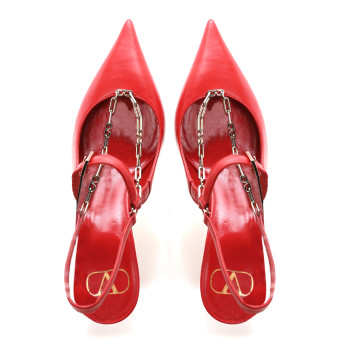 VALENTINO GARAVANI Smooth Calfskin Chain Slingback Pumps 36.5 Red