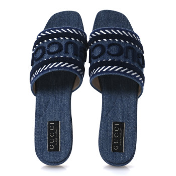 GUCCI Plain Spain Denim Logo Slide Sandals 37 Light Blue
