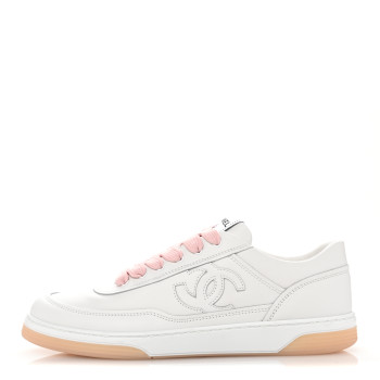CHANEL Calfskin Womens CC Sneakers 39.5 White Pink