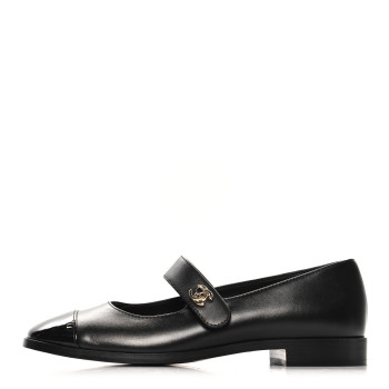 CHANEL Calfskin Patent Mary Janes Flats 36.5 Black