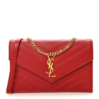 SAINT LAURENT Grain De Poudre Matelasse Chevron Monogram Envelope Chain Wallet Rouge Eros
