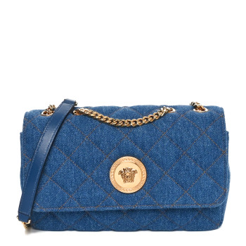 VERSACE Denim Quilted La Medusa Small Shoulder Bag Blue