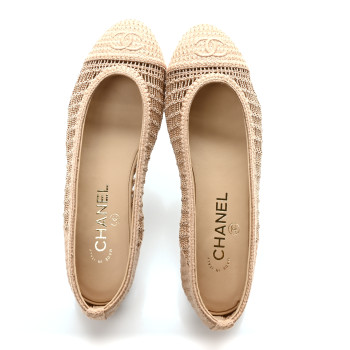 CHANEL Raffia Cap Toe Ballerina Flats 37.5 Dark Beige