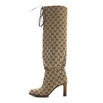 GUCCI Monogram Malaga Kid Lisa Mid Heel Boots 36 Beige Ebony