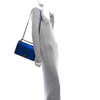 CHANEL Metallic Patent Quilted New Medium Boy Flap Blue