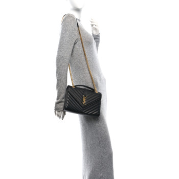 SAINT LAURENT Grain De Poudre Matelasse Chevron Medium Monogram Satchel Black