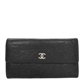 CHANEL Lambskin Camellia Embossed Large Gusset Flap Wallet Black