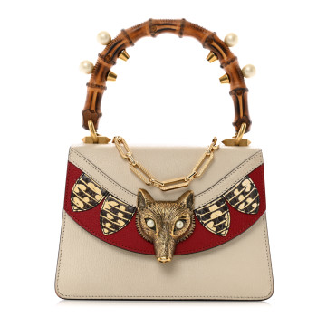 GUCCI Goatskin Pearl Mini Fox Broche Bamboo Top Handle Bag Hibiscus Red Mystic White