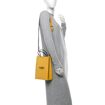 FENDI Vitello Fluffy Logo Small Pack Shopper Tote Yellow Box Black