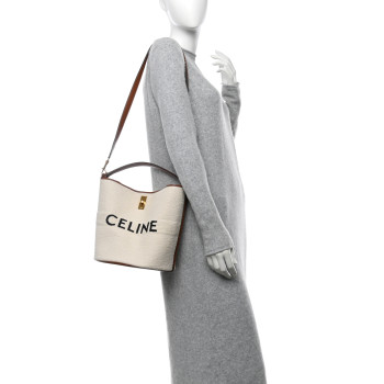 CELINE Canvas Calfskin Logo Bucket 16 Bag Natural Tan