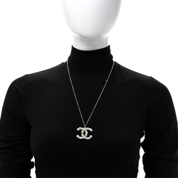 CHANEL Crystal Pearl CC Pendant Necklace Silver