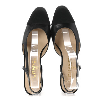 CHANEL Goatskin Grosgrain Cap Toe CC Slingback Sandals 35.5 Black