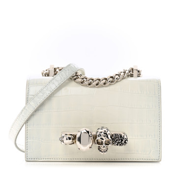 ALEXANDER MCQUEEN Calfskin Shiny Crocodile Embossed Mini Ombrè Jeweled Satchel Ivory Grey
