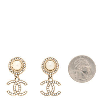 CHANEL Crystal Pearl Bow-tiful CC Drop Earrings Gold