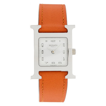HERMES Stainless Steel Swift 21mm Heure H Hour Quartz Watch Orange