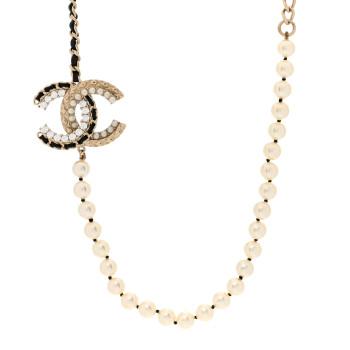 CHANEL Lambskin Pearl Crystal CC Short Necklace Gold White Black