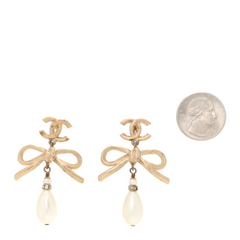 CHANEL Pearl Crystal CC Bow Drop Earrings Gold Pearly White