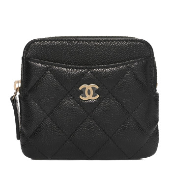 CHANEL Caviar Quilted Zip Card Holder Wallet Black