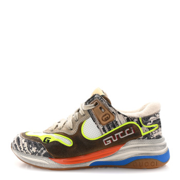 GUCCI Suede Calfskin Tejus Printed Womens Ultrapace Sneakers 35 Natural Ardesia Neon Yellow