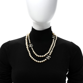 CHANEL Graduated Pearl Crystal CC Long Necklace Black Gold
