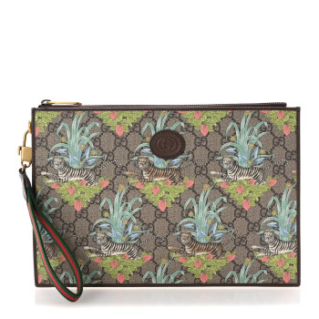 GUCCI GG Supreme Monogram Tiger Savanah Textured Dollar Calfskin Zip Pouch Beige Ebony Multicolor New Acero