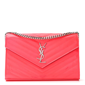 SAINT LAURENT Patent Grain De Poudre Matelasse Chevron Monogram Chain Wallet Neon Pink