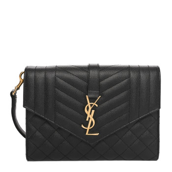 SAINT LAURENT Grain De Poudre Textured Mixed Matelasse Triquilt Monogram Clutch Black