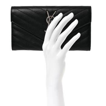 SAINT LAURENT Grain De Poudre Matelasse Chevron Monogram Flap Wallet Black
