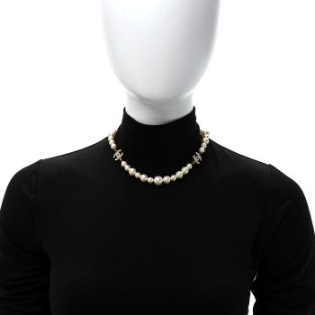 CHANEL Pearl Crystal Baguette CC Short Necklace Gold