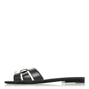 SAINT LAURENT Calfskin Tribute 05 Slide Sandals 37.5 Vert Fonce