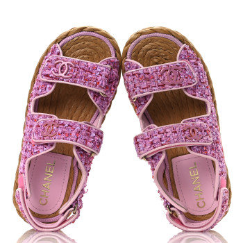 CHANEL Tweed Patent Calfskin Velcro Dad Sandals 36 Light Purple Pink Red