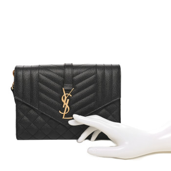 SAINT LAURENT Grain De Poudre Textured Mixed Matelasse Triquilt Monogram Clutch Black