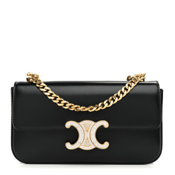 CELINE Shiny Calfskin Triomphe Crystals Chain Shoulder Bag Black