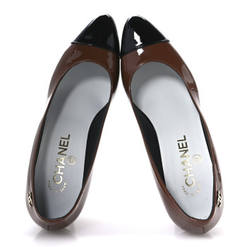 CHANEL Patent Calfskin Pumps 36 Brown Black
