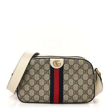 GUCCI GG Supreme Monogram Textured Calfskin Web Small Ophidia Camera Bag Beige Ebony Mystic White
