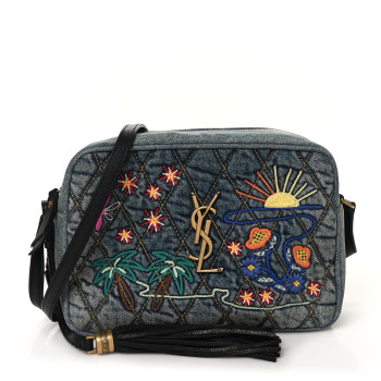SAINT LAURENT Denim Matelasse Quilted Summer Embroidered Classic Monogram Camera Bag Blue