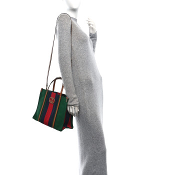 GUCCI Mountain Canvas Calfskin Web Small Interlocking G Tote Bag Turtle Green Hibiscus Red