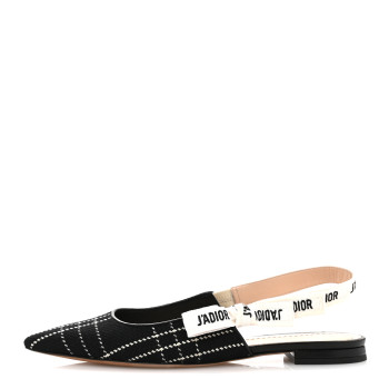 CHRISTIAN DIOR Fabric Ribbon Tartan Plaid J'Adior Slingback Ballet Flats 38.5 Black White
