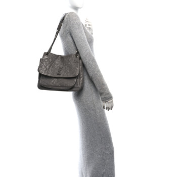 SAINT LAURENT Crinkled Calfskin Matelasse Monogram Large Niki Chain Satchel Storm