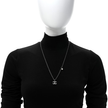 CHANEL Crystal CC Pendant Necklace Silver