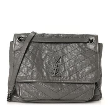 SAINT LAURENT Crinkled Calfskin Matelasse Monogram Large Niki Chain Satchel Storm