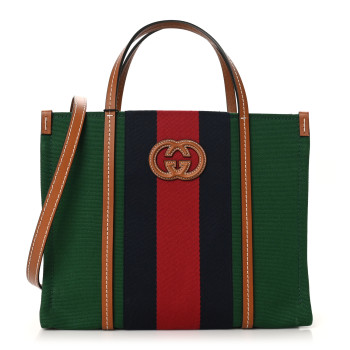 GUCCI Mountain Canvas Calfskin Web Small Interlocking G Tote Bag Turtle Green Hibiscus Red