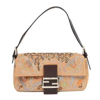 FENDI Linen Crystal Floral Beaded Baguette Beige Multicolor