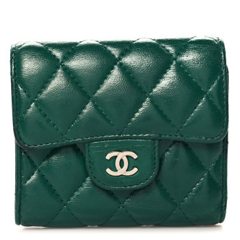CHANEL Lambskin Quilted Compact Flap Wallet Green