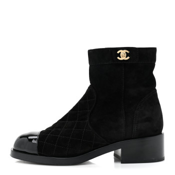 CHANEL Suede Patent Calfskin Quilted Cap Toe Turnlock Short Boots 38 Black