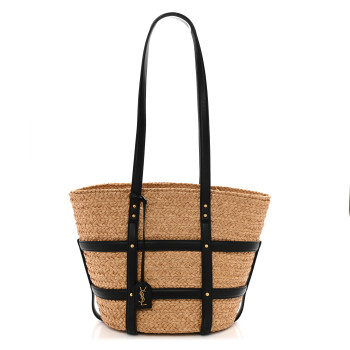 SAINT LAURENT Raffia Calfskin Caged Tote Naturale Black