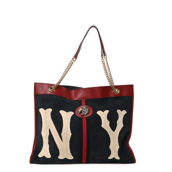 GUCCI X MLB Suede Calfskin NY Yankees Large Rajah Chain Tote New Blue Romantic Cherry