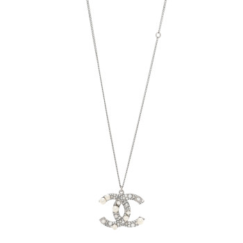 CHANEL Crystal Pearl CC Pendant Necklace Silver