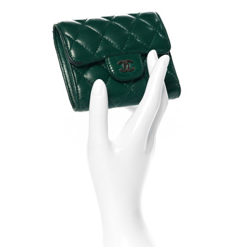 CHANEL Lambskin Quilted Compact Flap Wallet Green