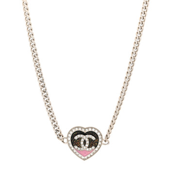 CHANEL Resin Crystal Glitter CC Heart Necklace Silver